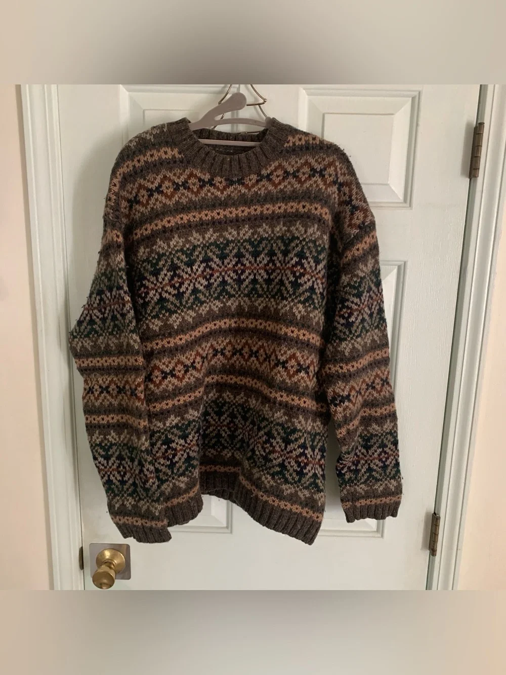 Vintage Men's Brown Multi Fair Isle Crewneck 100% Wool Sweater